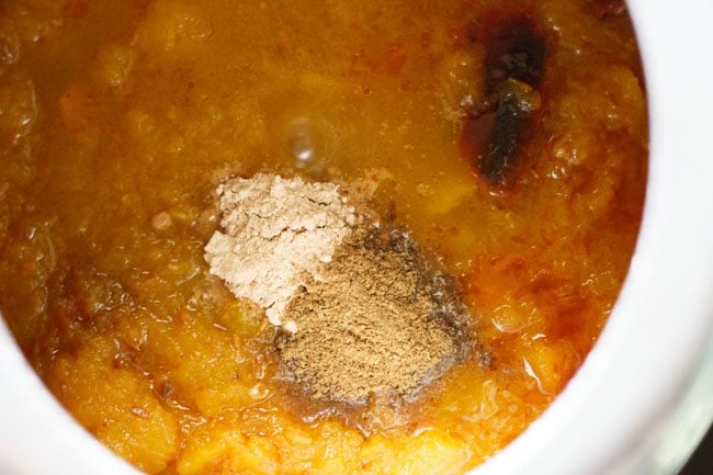 garam masala powder and dry mango powder added to pumpkin sabzi