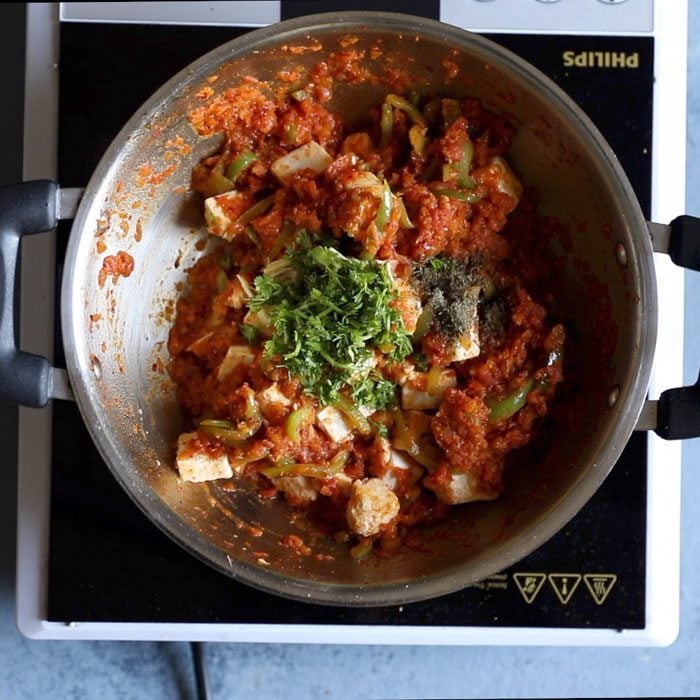 coriander leaves added to prepared kadai paneer