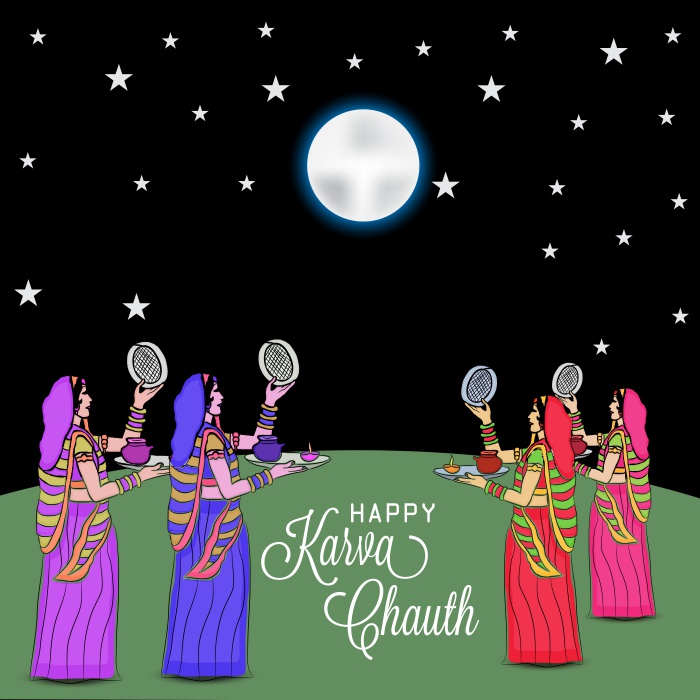 vector image with four women in indian saree celebrating karwa chauth festival.