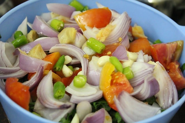 adding other veggies for palak saag