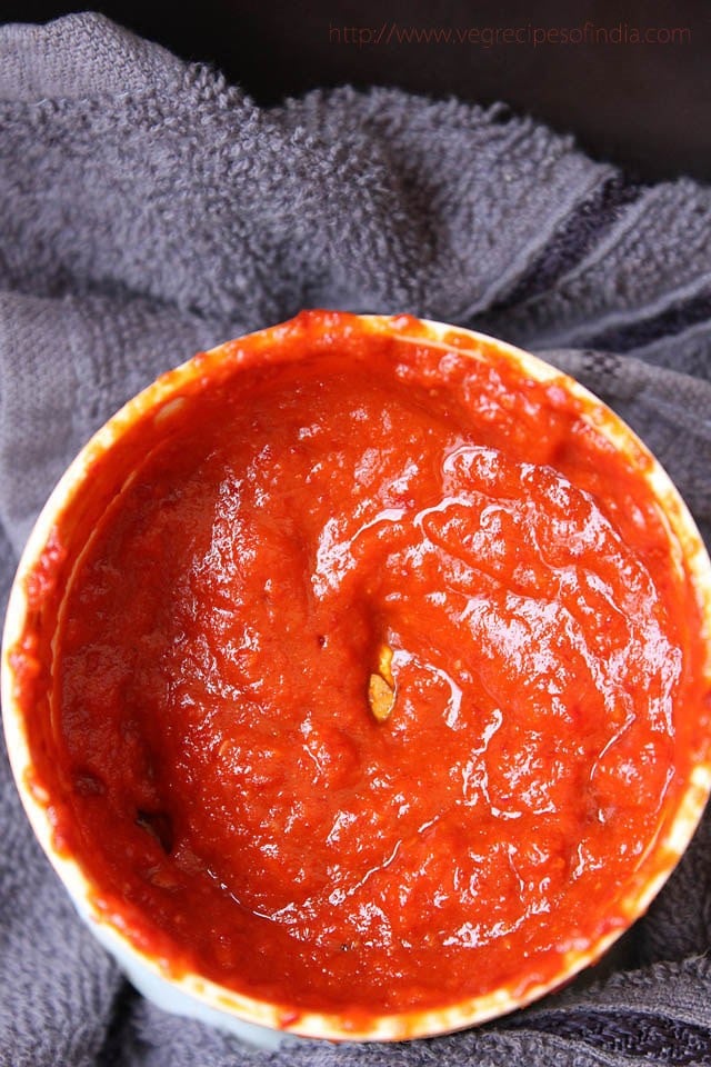 ingredients ground to a smooth red garlic chutney.