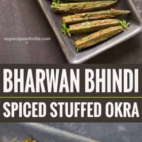 bharwa bhindi served on a plate with text layovers.