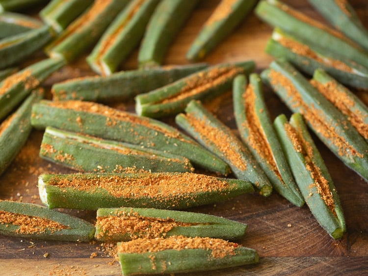 stuffed bhindi with spice mixture.