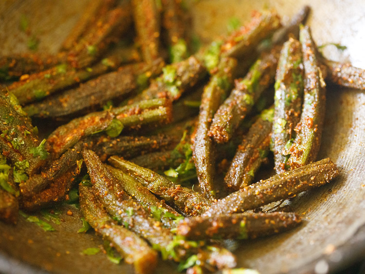 coriander leaves mixed well with the bharwa bhindi.