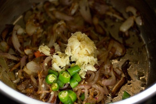 ginger garlic paste and green chili added to onions