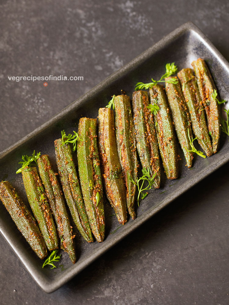 stuffed bhindi served in a long plate