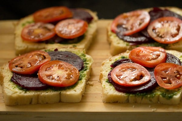 tomato slices in veg sandwich.