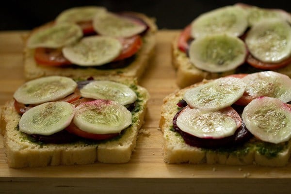 cucumber slices and seasoning in veg sandwiches