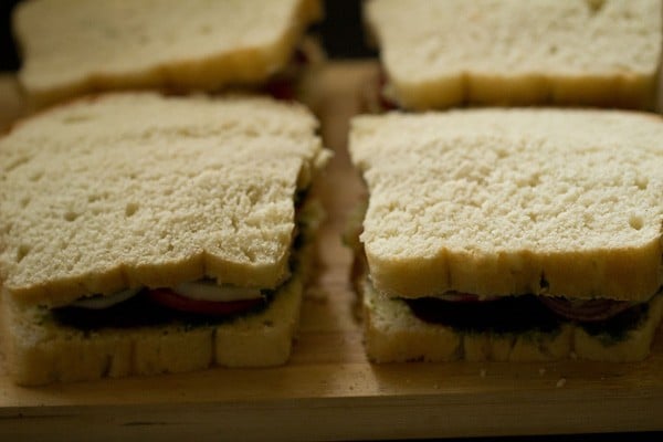 prepared veg sandwich on a board. 