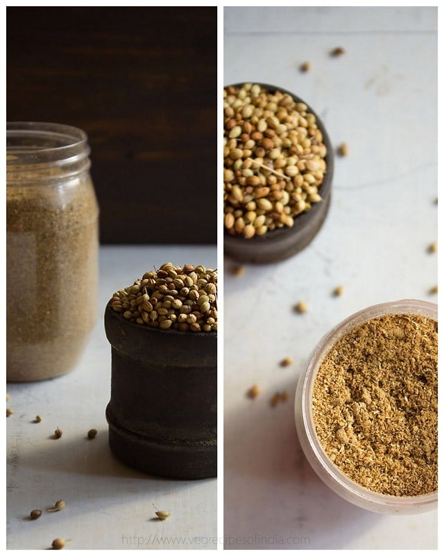 coriander powder masala recipe side by side images of whole seeds and the ground powder.