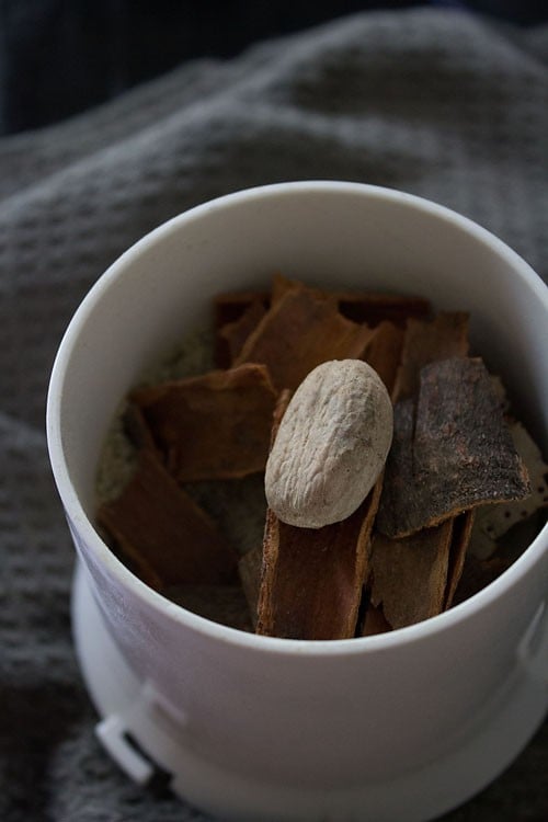 cinnamon and nutmeg added to spice grinder.