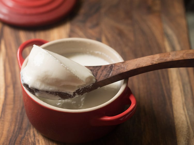 well set curd in a wooden spoon.