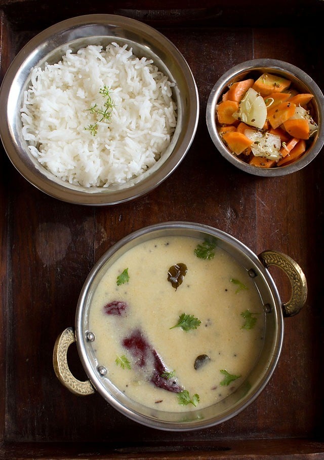 Gujarati kadhi served with basmati rice and salad