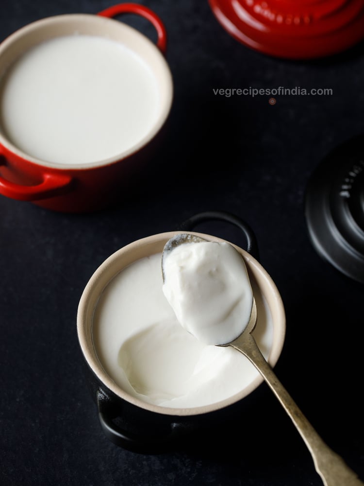well set curd in a bowl with a spoon carrying curd and text layover. 