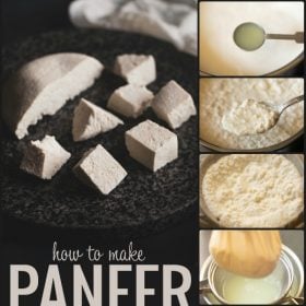 collage of the process of making paneer with sliced paneer cubes