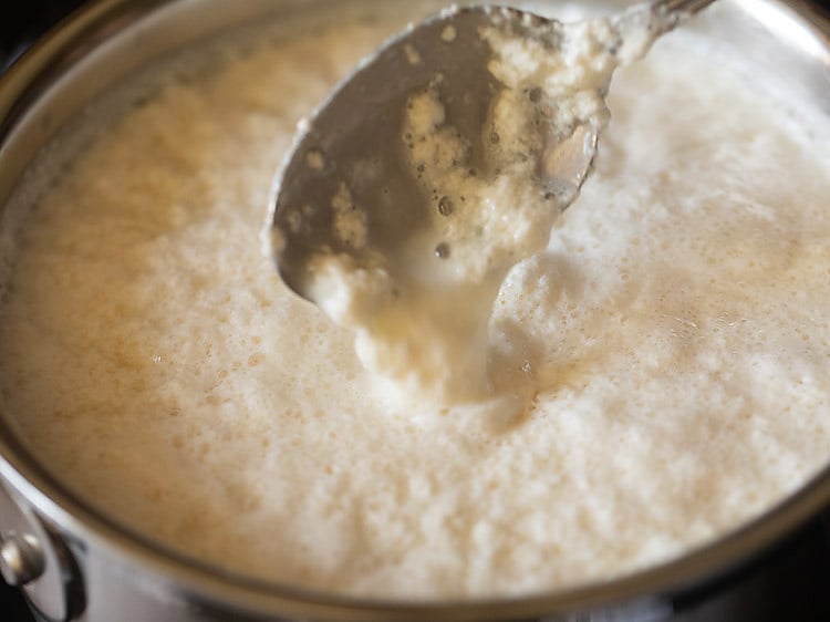 split curdled milk with a spoon showing some of the coagulated milk particles