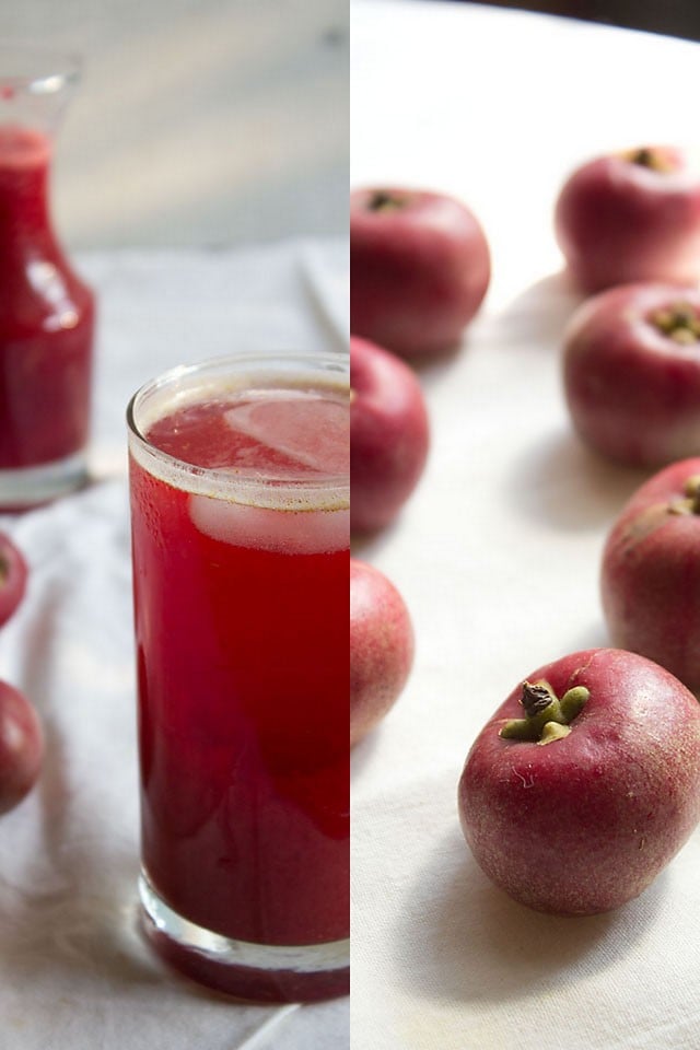 kokum sharbat served in a glass and fresh kokum fruits 