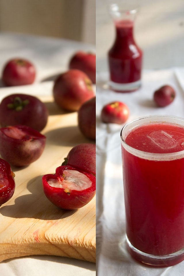 fresh kokum fruit and kokum juice served in a glass 