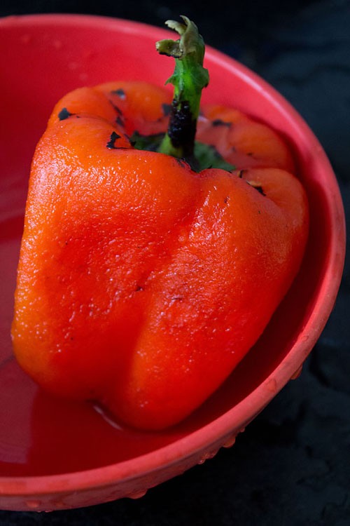 the red pepper is cooked through and the skin has been removed.