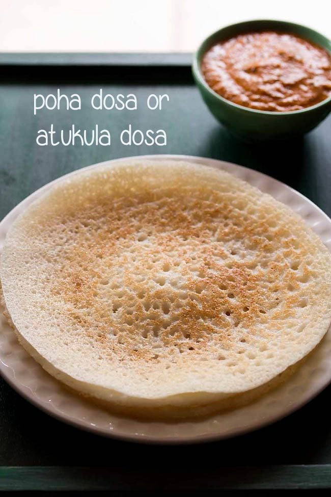 poha dosa served in a plate with chutney in a bowl