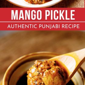collage of two photos of mango pickle with text layovers