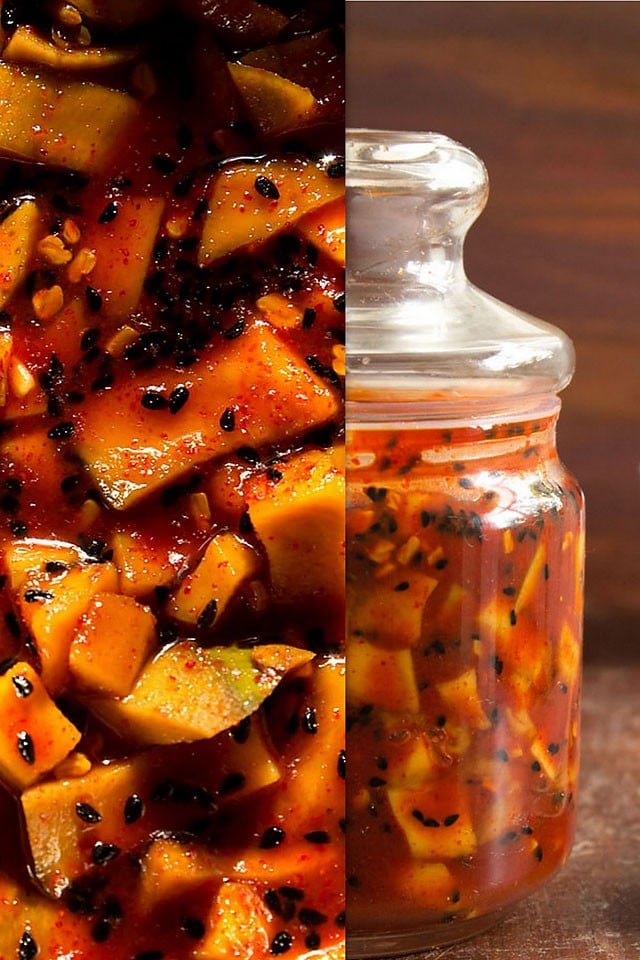 collage of sweet mango pickle stored in a sterilized glass jar and a closeup shot