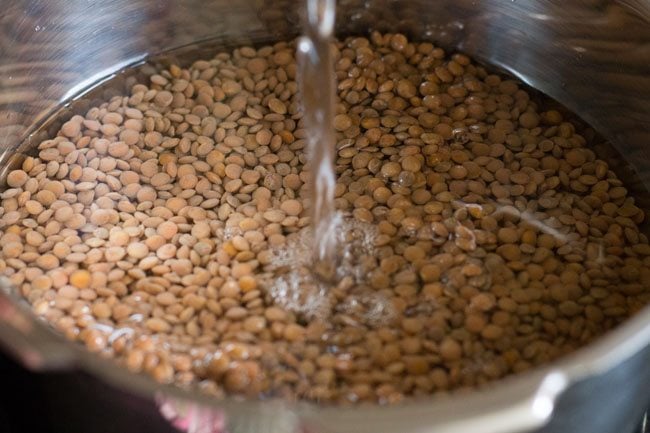 whole red lentils and water added to pressure cooker for making sabut masoor dal. 