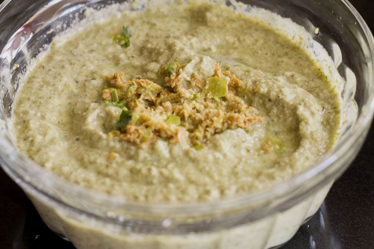 crushed ginger chilli paste on top of batter in glass bowl