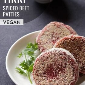 beetroot cutlet served on a white plate with a coriander sprig kept on the side and text layovers.