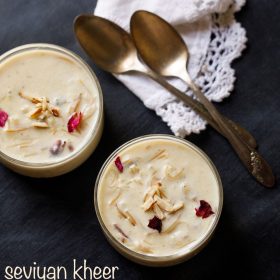 The seviyan kheer is served in a glass bowl with text in the middle.