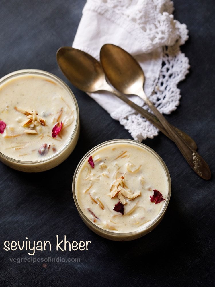 seviyan kheer served in a glass bowl with text layover.