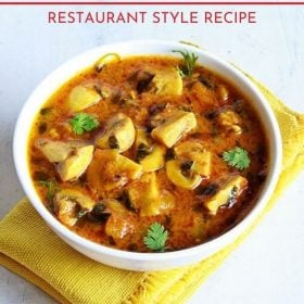 methi mushroom in a white bowl on a yellow napkin with text layovers