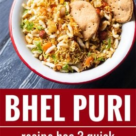 bhel puri served with a side of crisp baked puri in a red rimmed white bowl and text layovers.