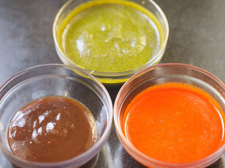 chutneys kept in three glass bowls for making bhel puri recipe