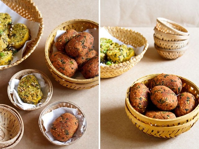 collage of two photos of steamed and fried methi muthiya served in bowls 