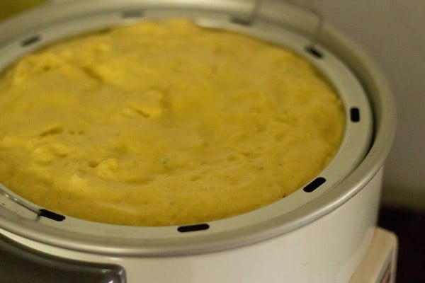 pan kept in a steamer for steaming