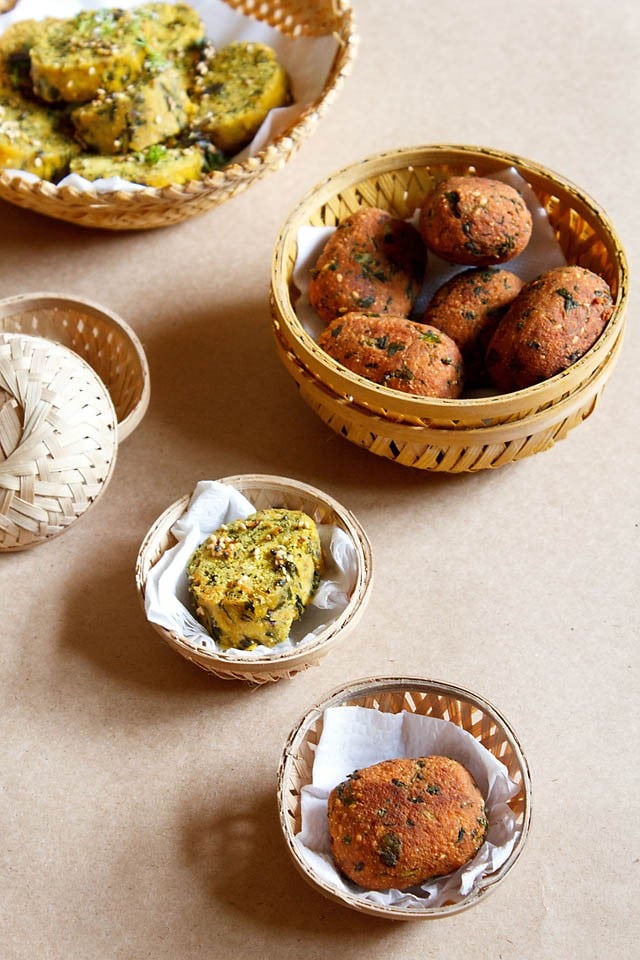 steamed and fried muthiya in small bowls