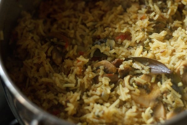 cooked mushroom biryani in pan