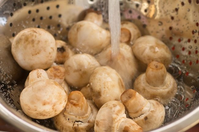 rinsing button mushrooms in a colander.