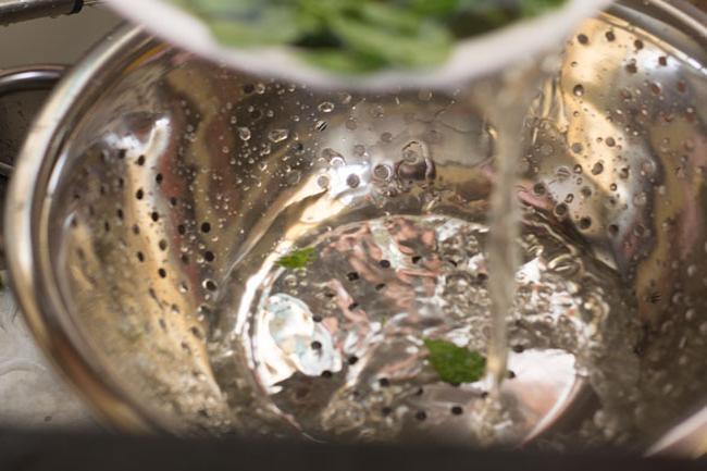 draining methi above a colander to catch any stray leaves.