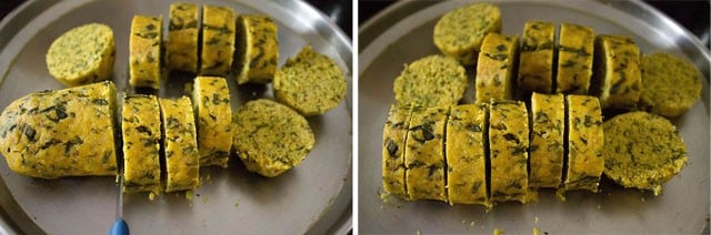 slicing the steamed muthiya rolls 