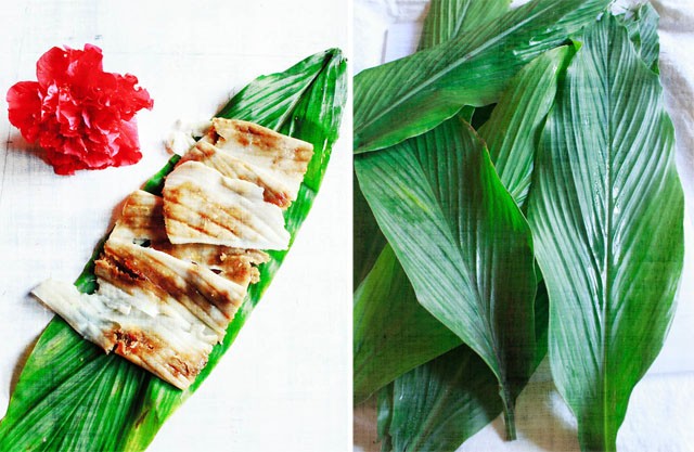 patHoli & turmeric leaves patoli served on a fresh turmeric leaf and fresh turmeric leaves