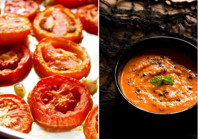 side by side images of roasted tomatoes on a sheet pan and tomato soup in a black bowl.