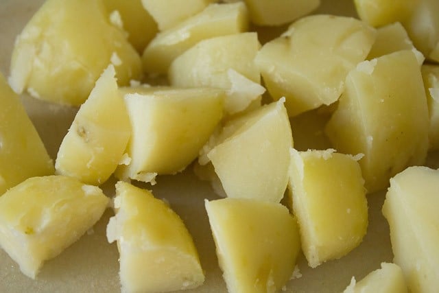peeled and cubed potatoes for aloo 65 recipe.