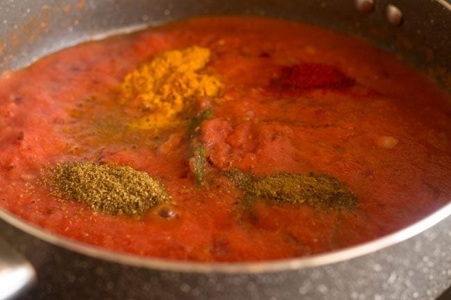 adding turmeric powder, red chili powder, coriander powder and garam masala powder to the pan