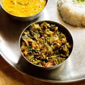 bhindi ki sabji served with dal and steamed rice