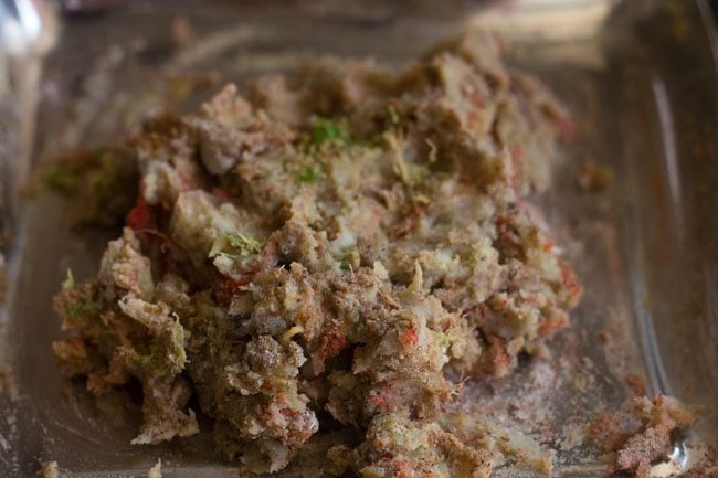 spices, rock salt and flour mixed well with the mashed sweet potatoes. 