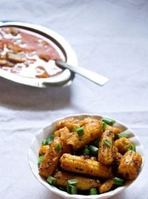 baby corn manchurian dry served in a bowl.