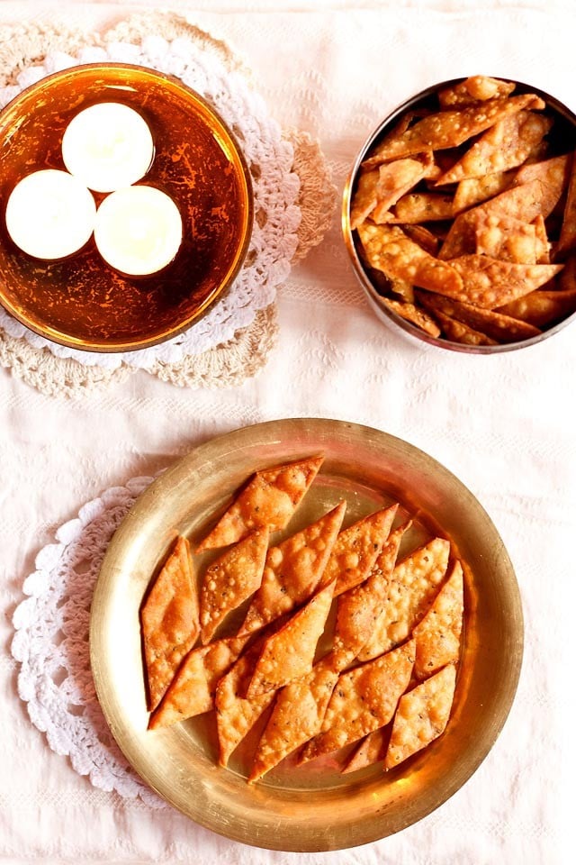 namak pare on a brass plate