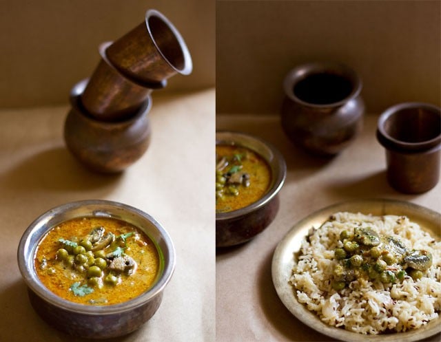 collage of two photos of mushroom peas curry served in a bowl and on a bed of jeera rice in a plate